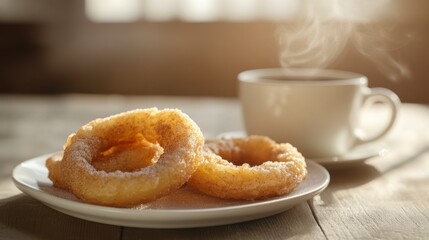 Sweet Doughnuts and Coffee Cup on Wooden Table