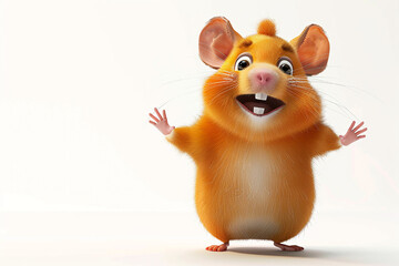 Cheerful cartoon hamster with open arms on a white background, adorable little mouse portrait