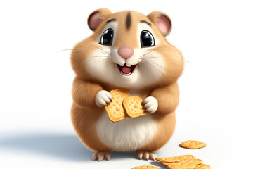 Adorable cartoon hamster enjoying crackers with delightful, cute little mouse holds cookie treat in his paws and smiles. Mascot for baby food or food for rodents, veterinary clinic, pet store