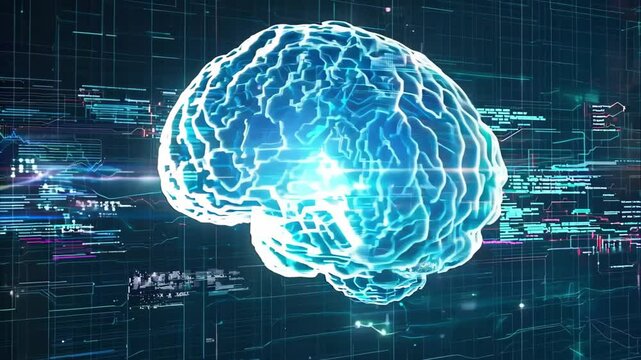 A digital representation of a human brain with glowing effects, surrounded by data and technology elements.