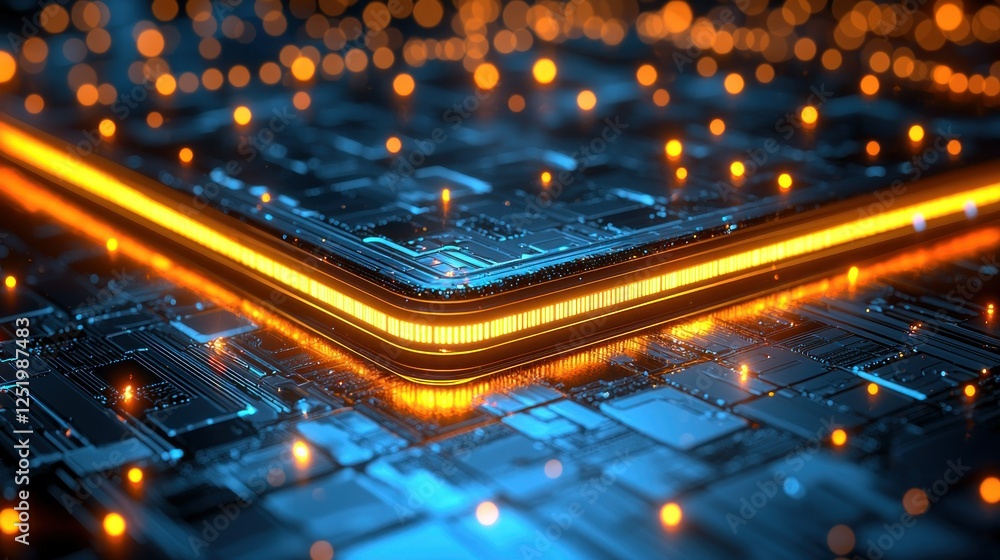 Poster glowing circuit board data flow, tech background