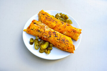 Lavash doner kebab ( soslu kasarli zurna doner durum )  or shawarma sliced in plate isolated. ...