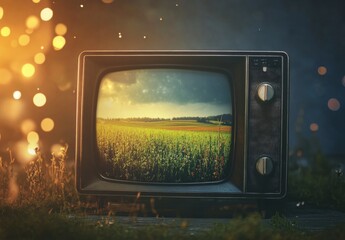 Vintage Television Showing Rural Landscape at Sunset