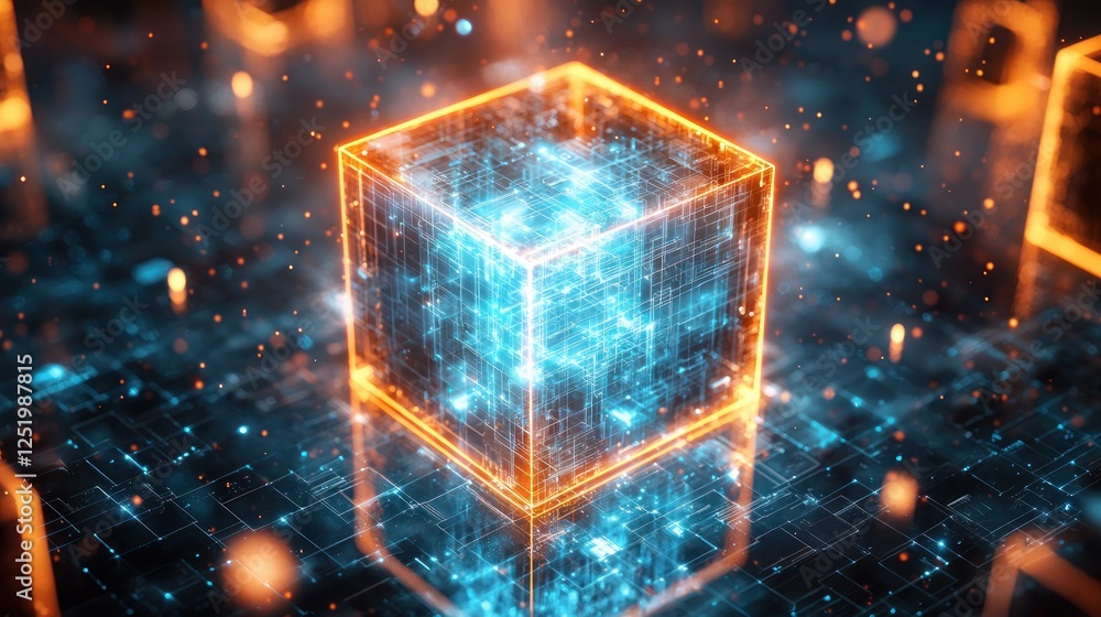 Poster glowing data cube on circuit board, futuristic background, tech concept