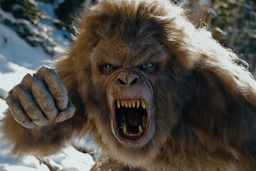 Fierce Creature Roaring in a Snowy Landscape with Intense Expression