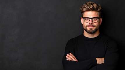 Fototapeta premium Confident young man with arms crossed, dressed in black against a dark background.