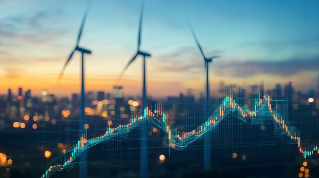 Wind Turbines Over City Skyline With Financial Data Overlay