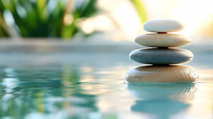 Obraz premium Balanced stones in pool, tranquil garden backdrop, serenity