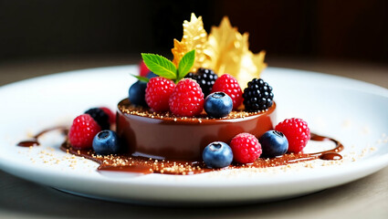 Luxury Fine Dining Dessert Gold Leaf Chocolate Berries Gourmet Food Art