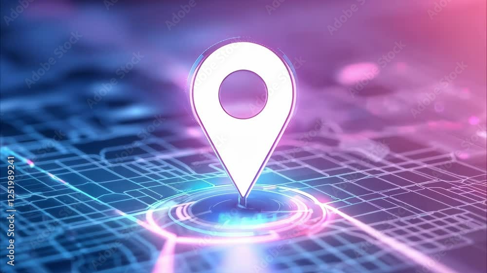 Poster a digital map with a stylized location pin highlighted in bright colors.