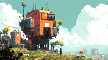 Depict a civilization of sentient machines on a mechanical world. Sentient Landscapes. Illustration