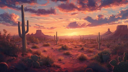 Selbstklebende Fototapeten Desert landscape with tall cacti at sunset, warm tones and endless horizons capturing the beauty of the american southwest. Sentient Landscapes. Illustration © Thiago
