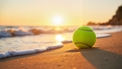 Obraz premium Tennis ball resting on sandy beach at sunset, serene symbolism
