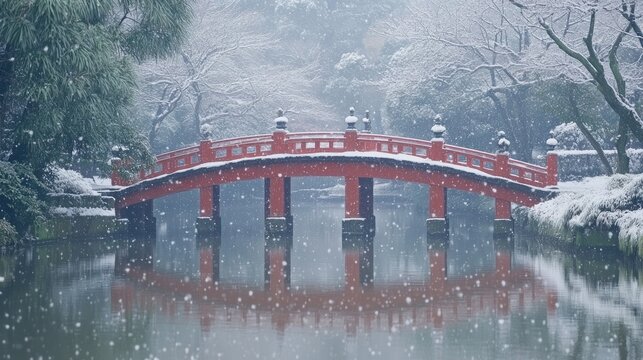 Serene Winter Scene: A Snow-Covered Red Bridge Reflecting in a Calm Lake