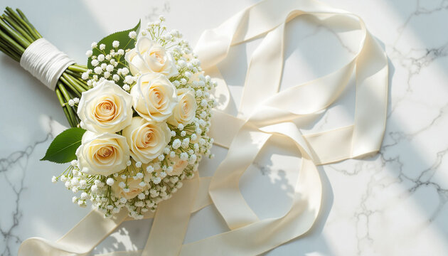 Elegant bridal bouquet of white roses with ribbons on marble table, love