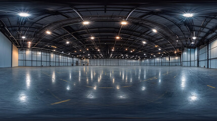 A full seamless spherical HDRI panorama capturing a 360-degree view of a large empty room, resembling a warehouse, hangar, or gallery with spotlights in equirectangular projection, generated by AI.