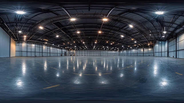 A full seamless spherical HDRI panorama capturing a 360-degree view of a large empty room, resembling a warehouse, hangar, or gallery with spotlights in equirectangular projection, generated by AI.