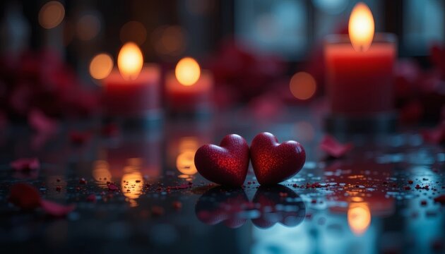 Warm Candlelit Scene with Red Hearts for Valentine’s Day