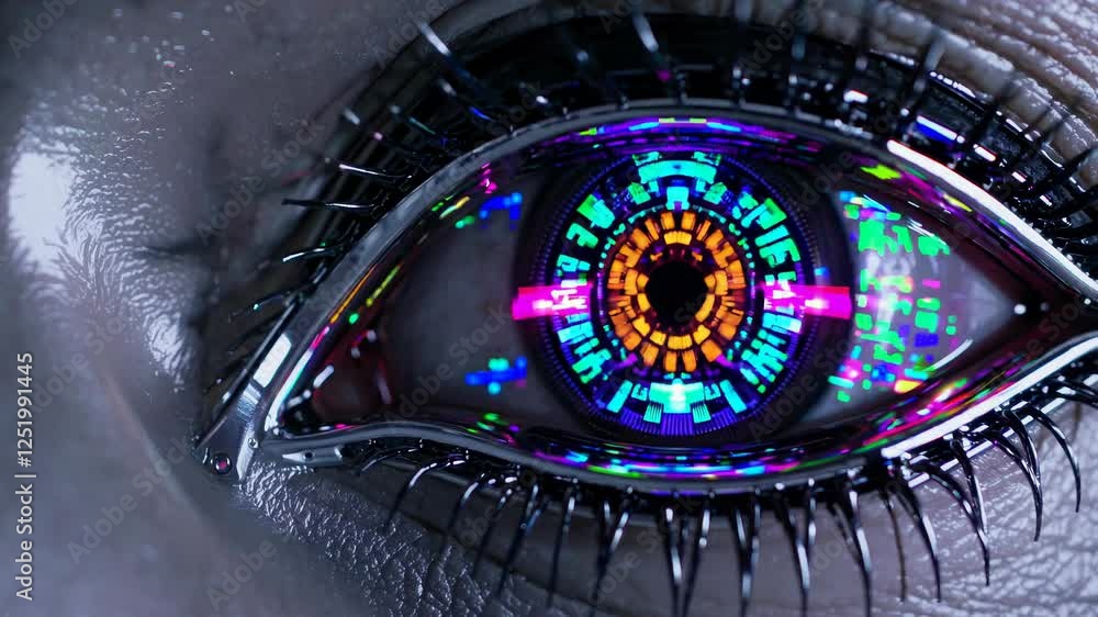 Poster futuristic cybernetic eye with neon digital patterns, symbolizing artificial intelligence, augmented