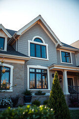 Obraz premium Luxury Modern Home Exterior: Gray Stone Facade, Elegant Design, Curb Appeal