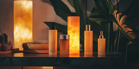 Luxury Haircare Products with Ambient Lighting and Elegant Packaging