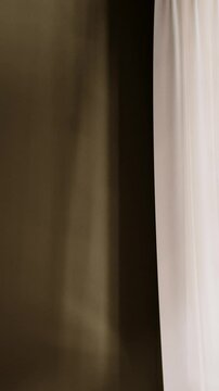 The interplay of light and shadow between a sheer white curtain and dark wall creates atmospheric mood. Minimalist interior looping animated background
