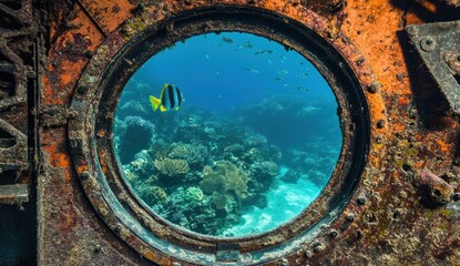 Underwater View Through a Rusty Porthole: A Glimpse into Coral Reef Life