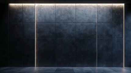 Modern concrete wall with recessed lighting and a sleek finish, ideal for backgrounds and designs, copy space available