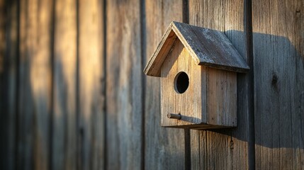 Wooden birdhouse hanging on a rustic wooden fence, softly illuminated by warm sunlight