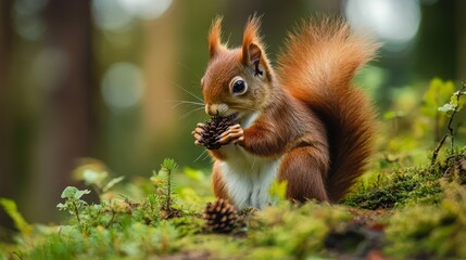 Charming Red Squirrel in a Lush Forest, Savoring a Pine Cone. A captivating moment of nature's beauty, showcasing the squirrel's adorable details and the vibrant forest surroundings