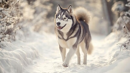 Naklejka premium Majestic Husky in a Winter Wonderland: Stunning Snow-Covered Landscape Portrait