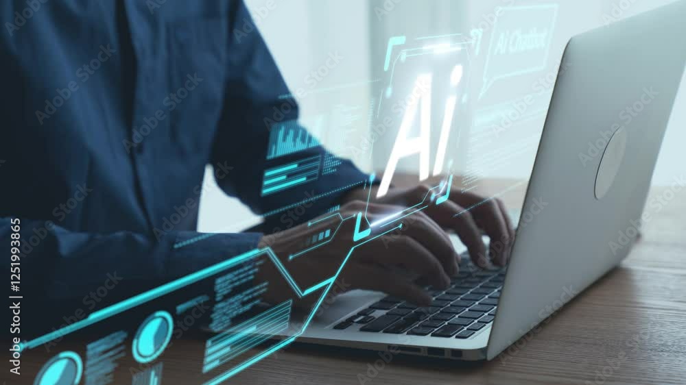 Poster human interact with ai artificial intelligence virtual assistant chatbot in concept of ai artificial