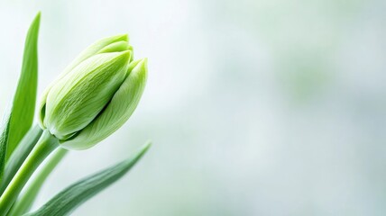 Obraz premium Close-up of green tulip bud with leaves on light background