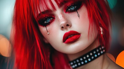 Fototapeta premium Red-haired model with dramatic makeup, featuring vibrant red lipstick and elaborate eye makeup with a teardrop design.