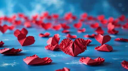 Red paper hearts on blue background