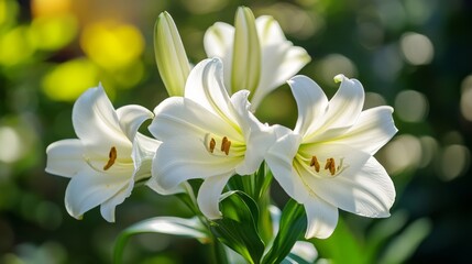 Fototapeta premium A Delicate Dance of White Lilies in the Garden Sunlight