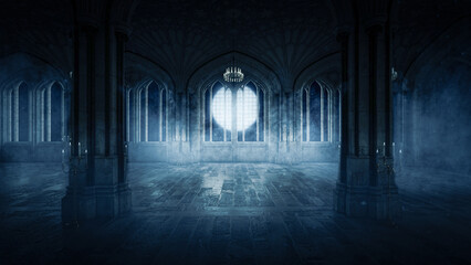 Abandoned vampire hallway render with a full moon and dark night sky © Kristen Lee Design