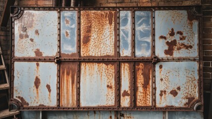 Naklejka premium A close-up view of a weathered, rusting metal door with blue peeling paint, showcasing an industrial charm and the passage of time.