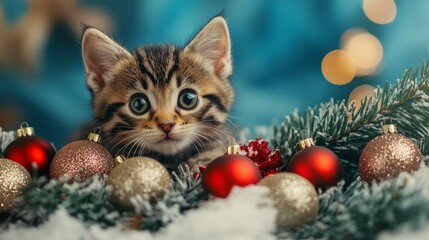 Adorable Kitten Posing Amidst Christmas Decorations - Precious Holiday Moment