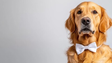 Golden retriever in white bow tie, looking serious