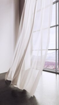 Modern minimalist interior window with sheer curtains, sunlit window and flowing curtains looping animation