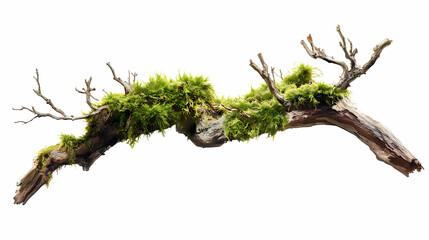 Old rotten branch with fresh moss isolated on transparent, png or white background. Fungal Kingdoms. Illustration