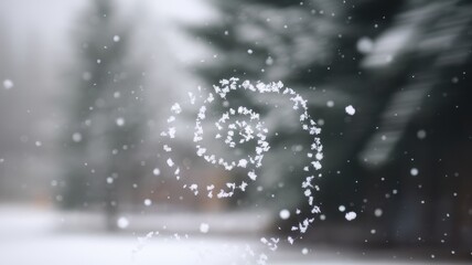 A mesmerizing spiral of snowflakes dances through the air, creating a magical winter scene amidst soft-focus evergreen trees.