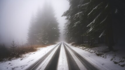 A serene winter landscape featuring a snow-covered road winding through tall, misty pine trees in a tranquil setting.
