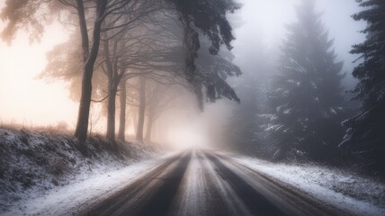 Obraz premium A serene winter scene featuring a foggy road flanked by snow-covered trees, creating an ethereal atmosphere with soft, muted light.