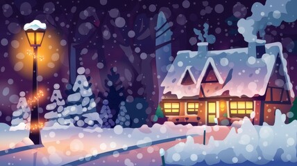 Obraz premium A cozy winter night scene featuring a charming cottage blanketed in snow, illuminated by a soft glow from a nearby lamp post amidst falling snowflakes.