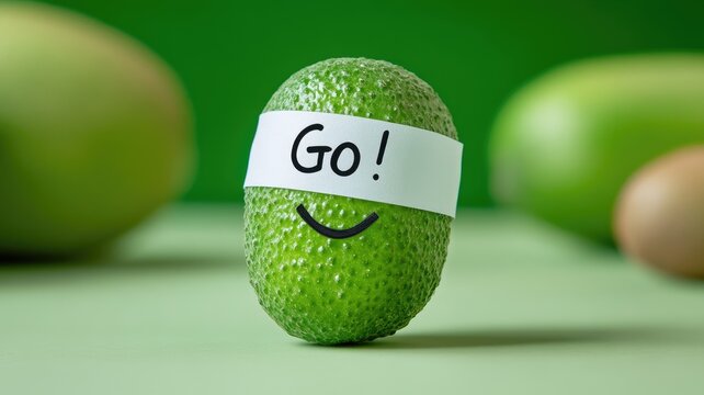 Smiling avocado with "Go!" label, symbolizing motivation and encouragement