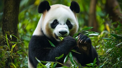 Obraz premium Majestic Panda in Lush Bamboo Forest: Symbol of Nature's Splendor. A captivating image of a panda enjoying a meal of bamboo in a serene forest setting