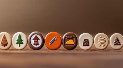 Decorative buttons with various camping and outdoor symbols arranged in row
