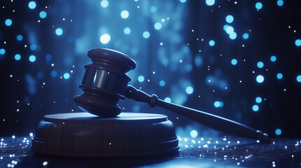 Digital Justice: Cybersecurity Law Enforcement Symbolized by Futuristic Judges Gavel in Virtual High-Tech Courtroom  